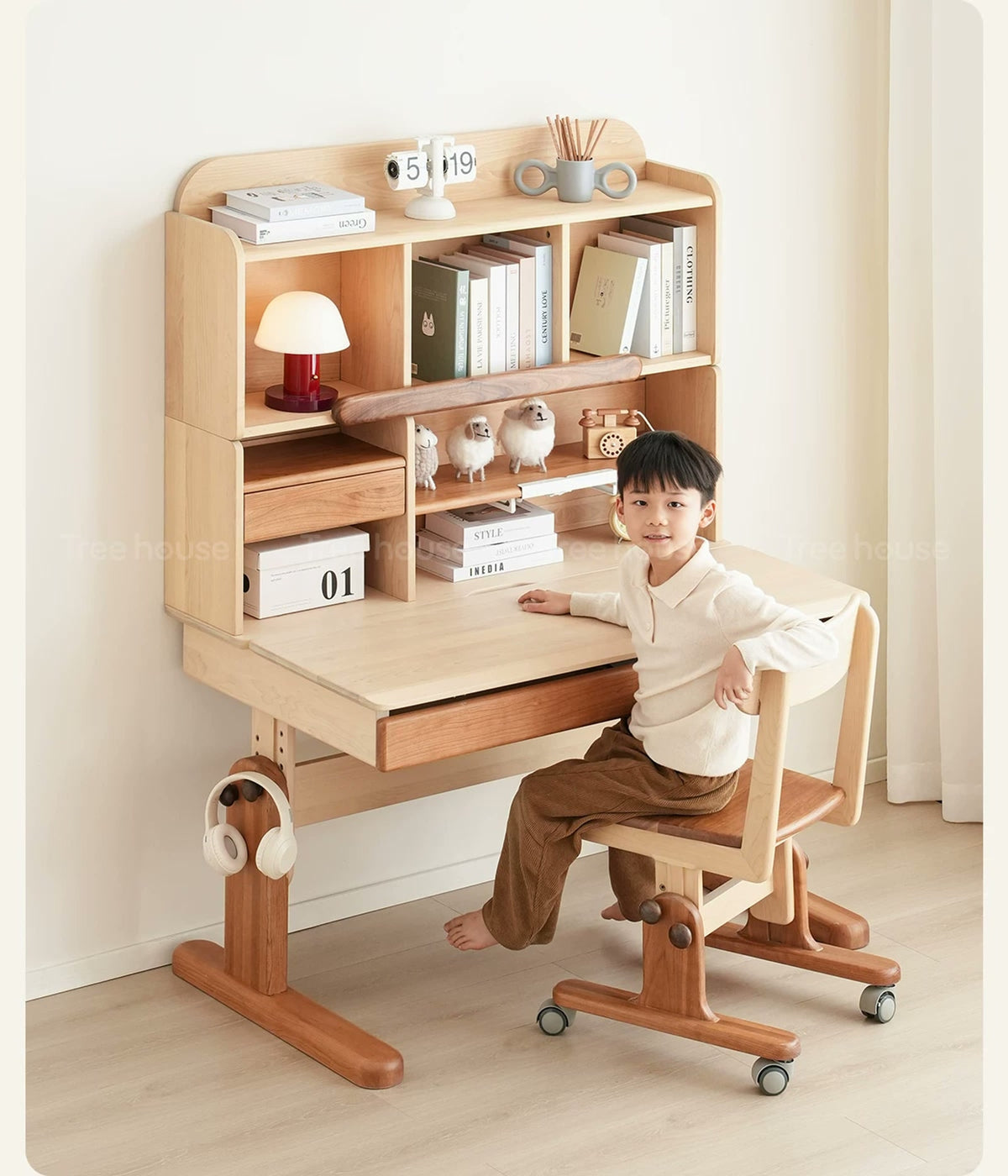  Study desk with double-tier shelf and separately selectable chair
