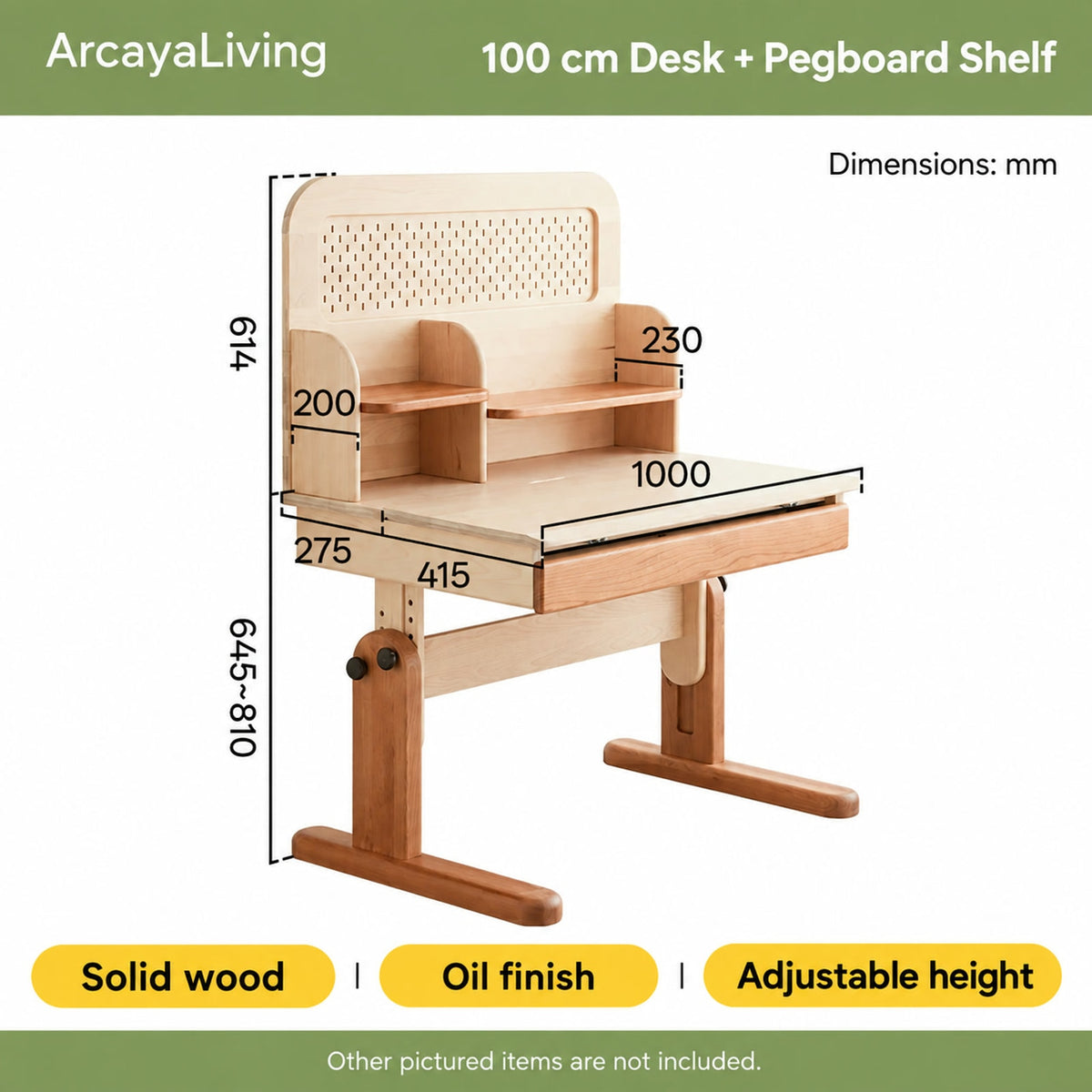  100 cm desk with pegboard shelf measurements