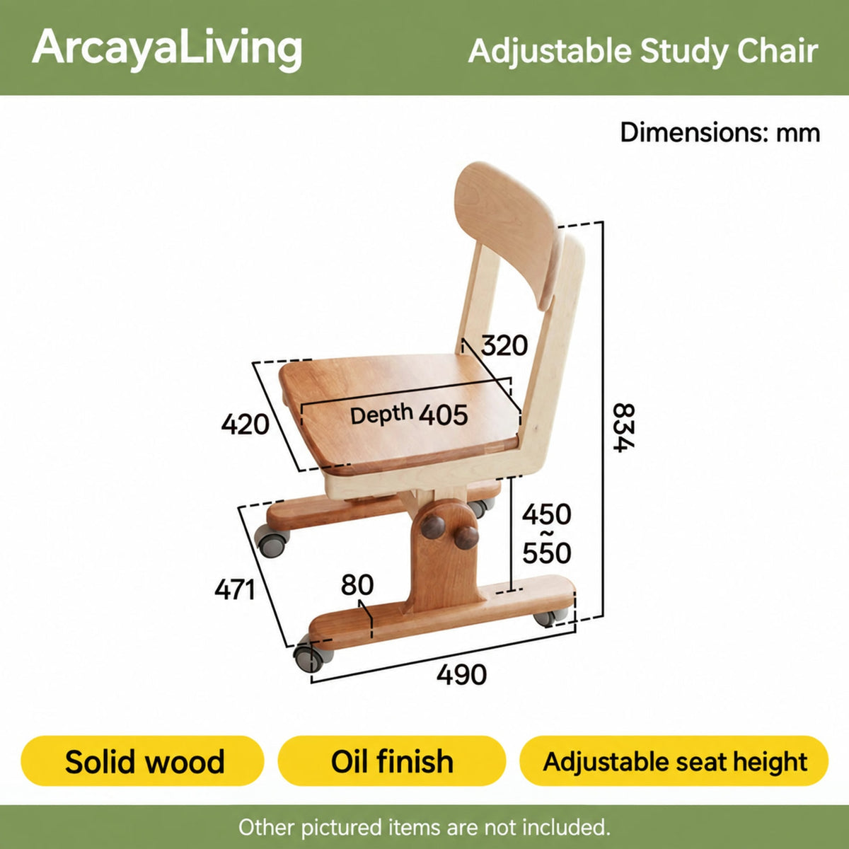  Adjustable study chair with 450 to 550 mm seat height