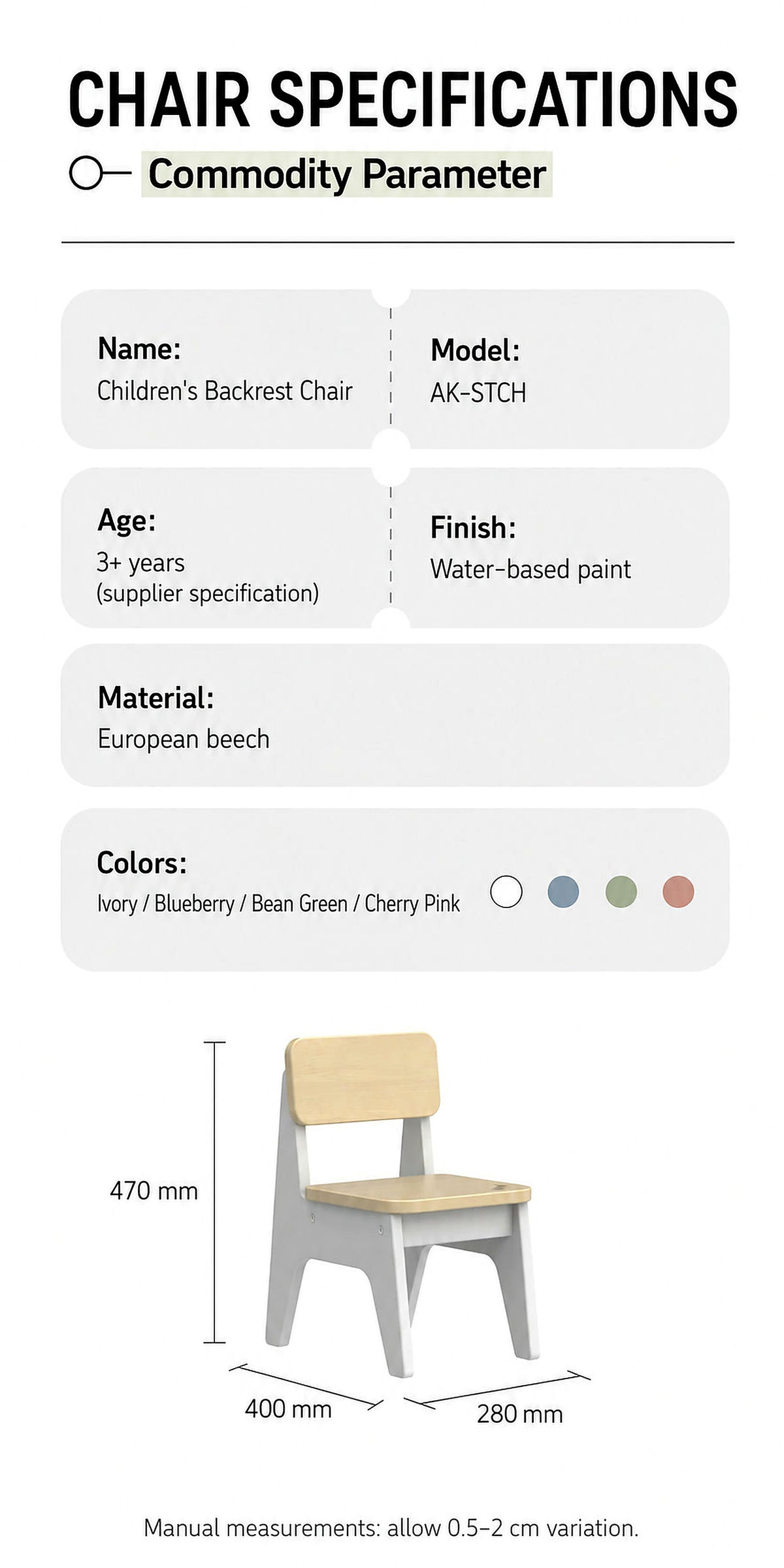  Optional beech chair measuring 280 × 400 × 470 mm overall