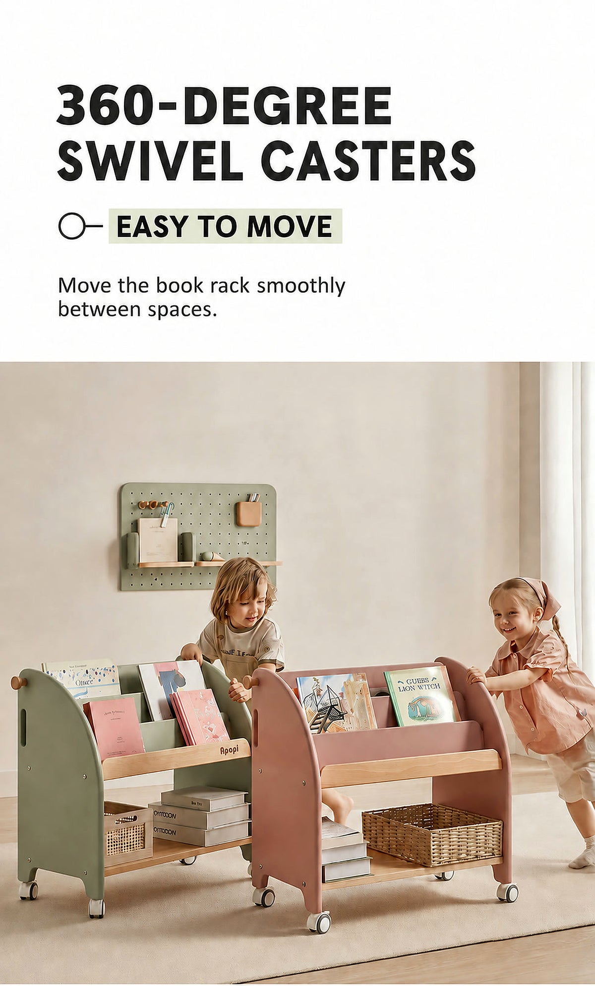  Bean Green and Cherry Pink book racks on swivel casters