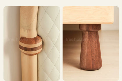 Striped headboard detail and contrasting turned wood leg