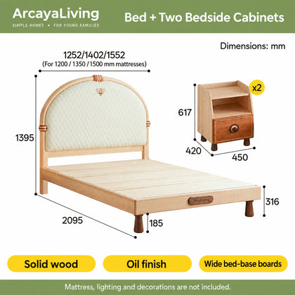  Bed and two bedside cabinets with dimensions in millimetres