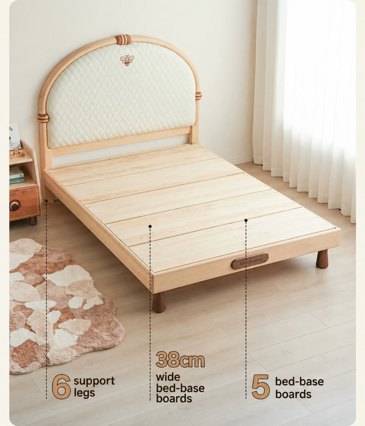  Six support legs and five 38 cm wide bed-base boards