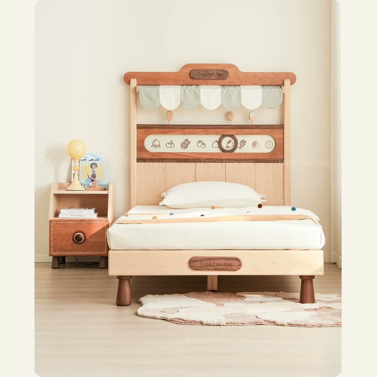 Front view of the fruit-market-inspired wood bed