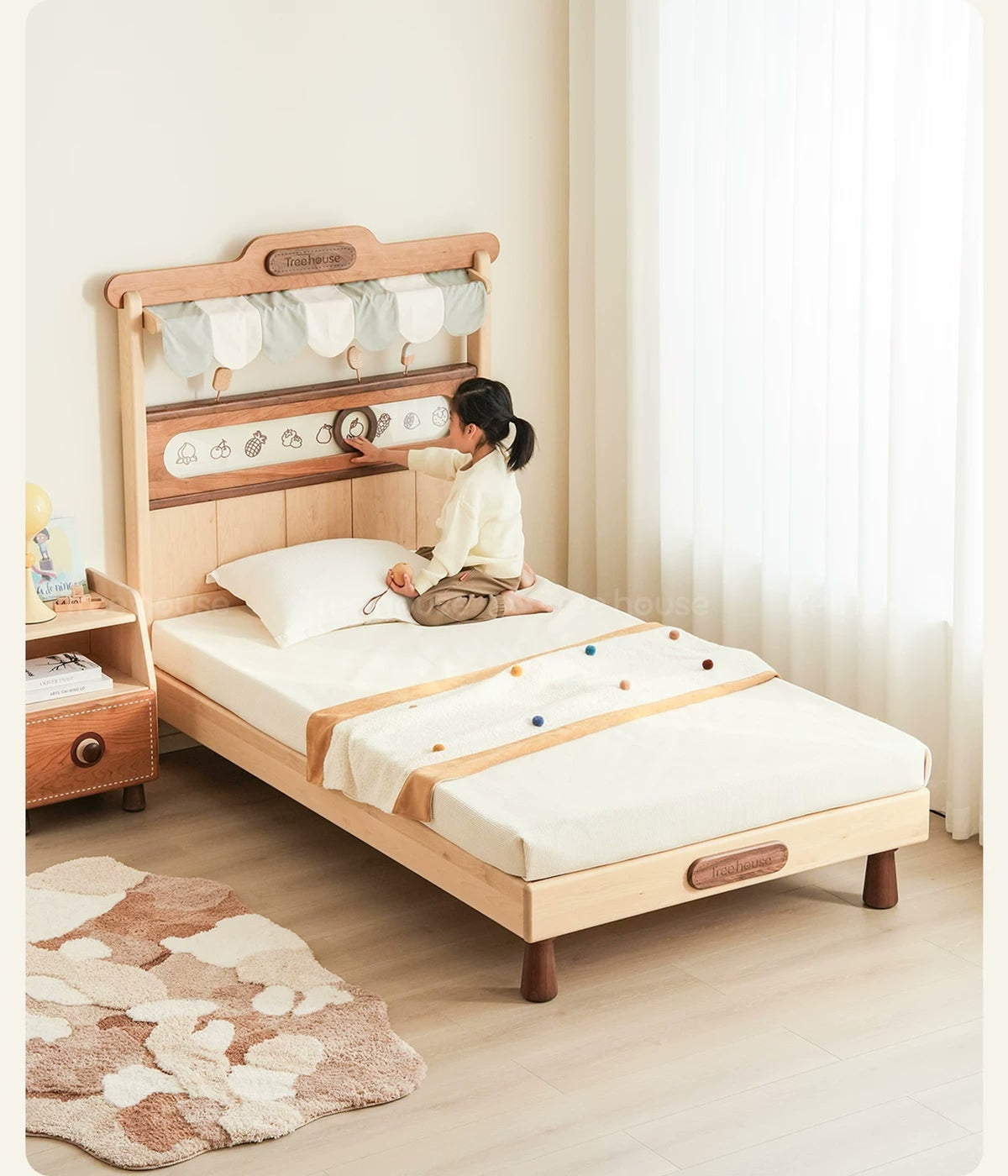  Angled view of the fruit market bed in a bedroom