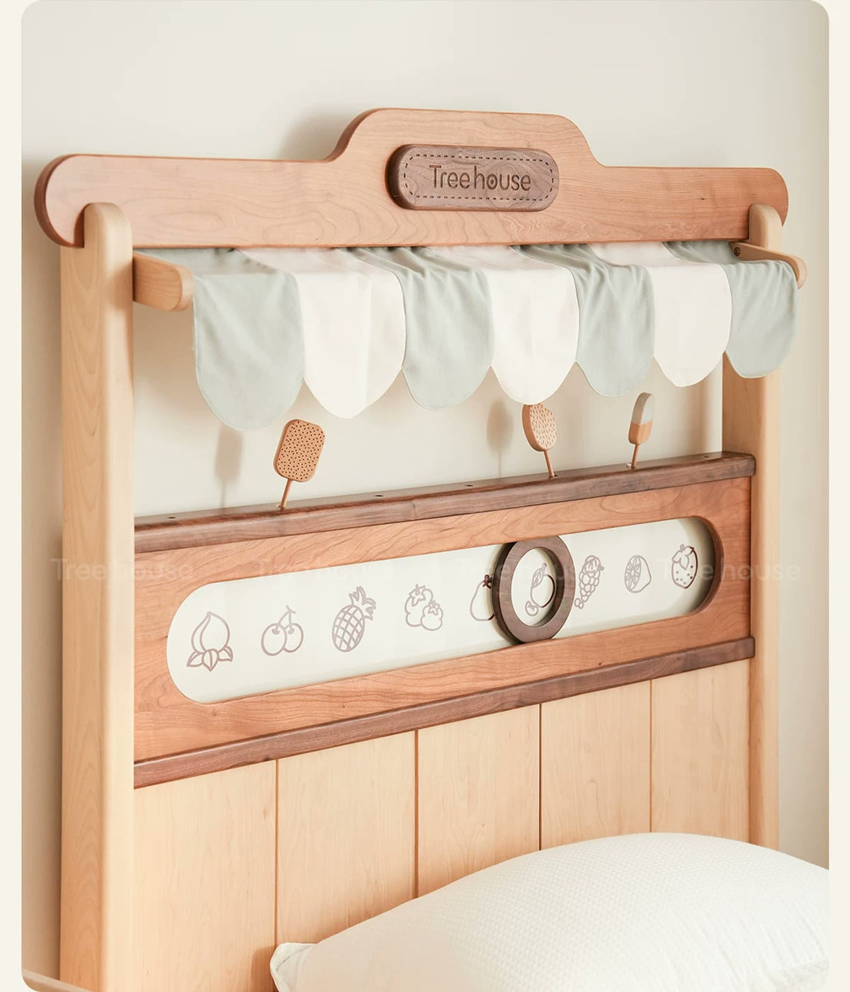  Scalloped fabric awning, wooden play pieces and fruit dial