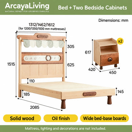  Bed and two bedside cabinets with millimetre dimensions