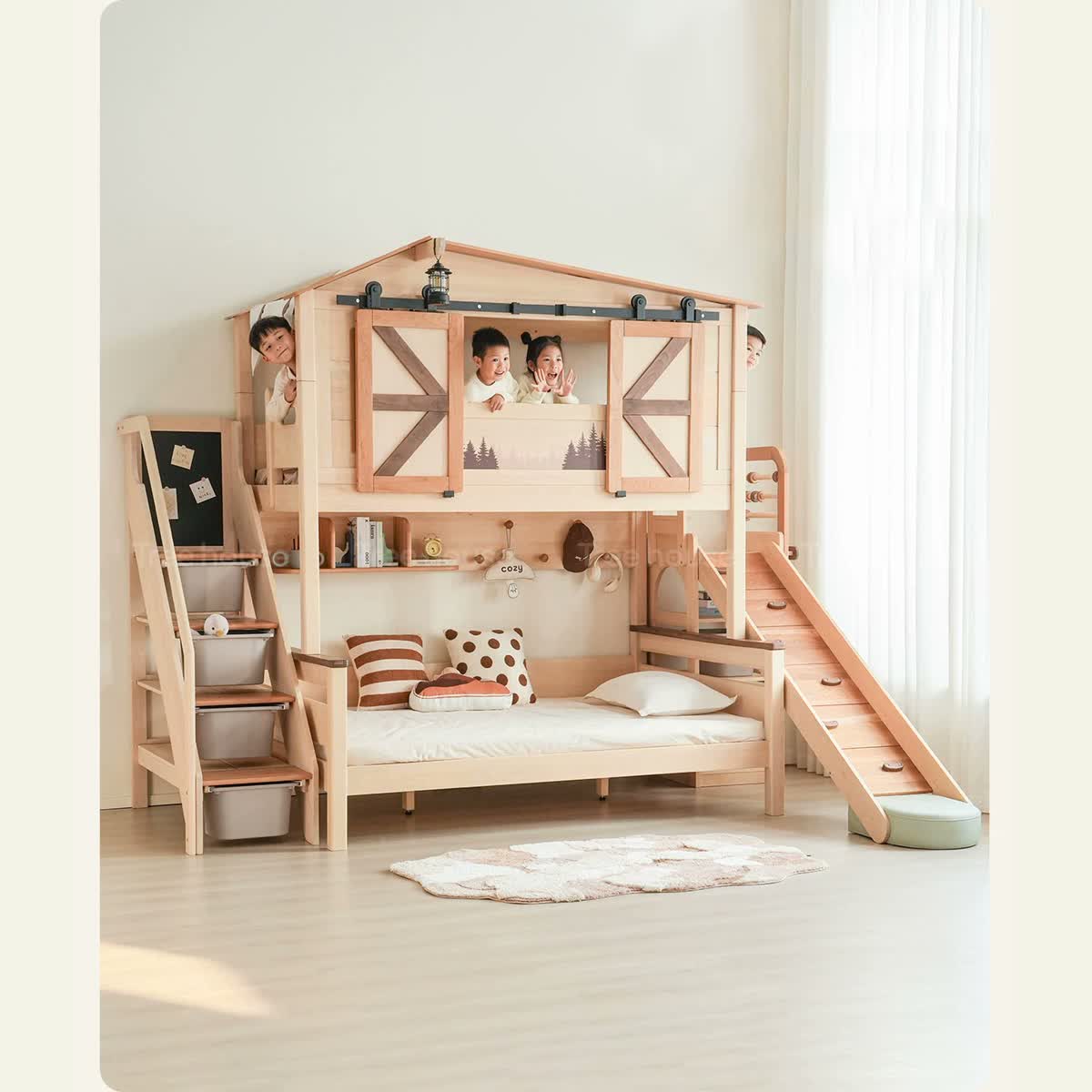 Forest Camp treehouse bunk bed shown with steps, bookshelf and slide