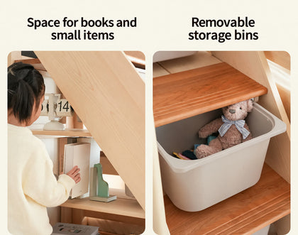  Open shelves and removable bins in the steps