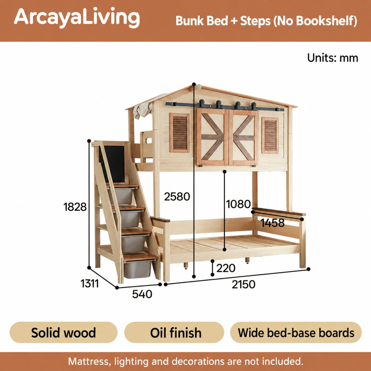  Bunk bed with steps, without bookshelf, dimensions