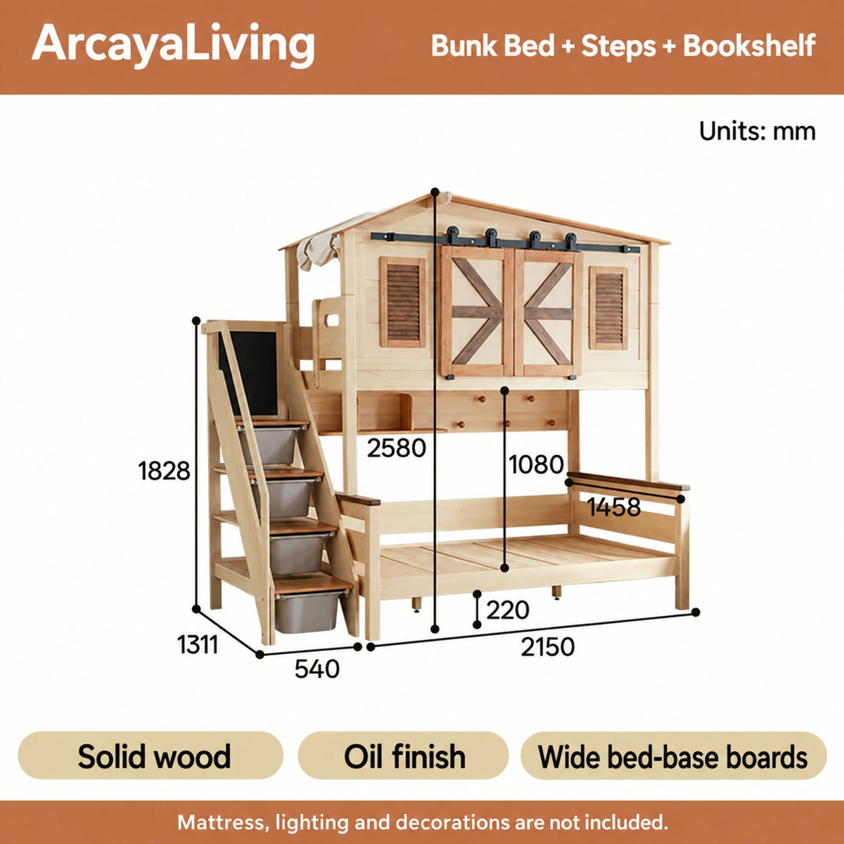  Bunk bed with steps and bookshelf, dimensions
