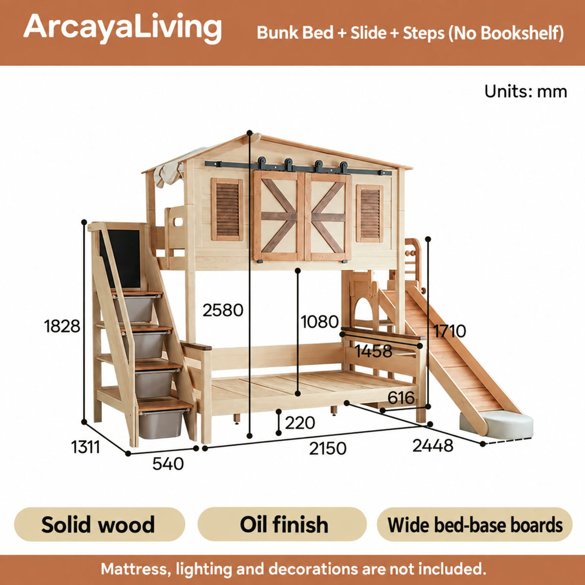  Bunk bed with slide and steps, without bookshelf, dimensions