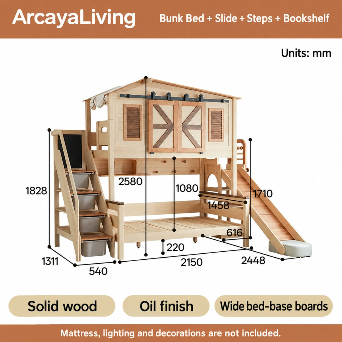  Bunk bed with slide, steps and bookshelf, dimensions