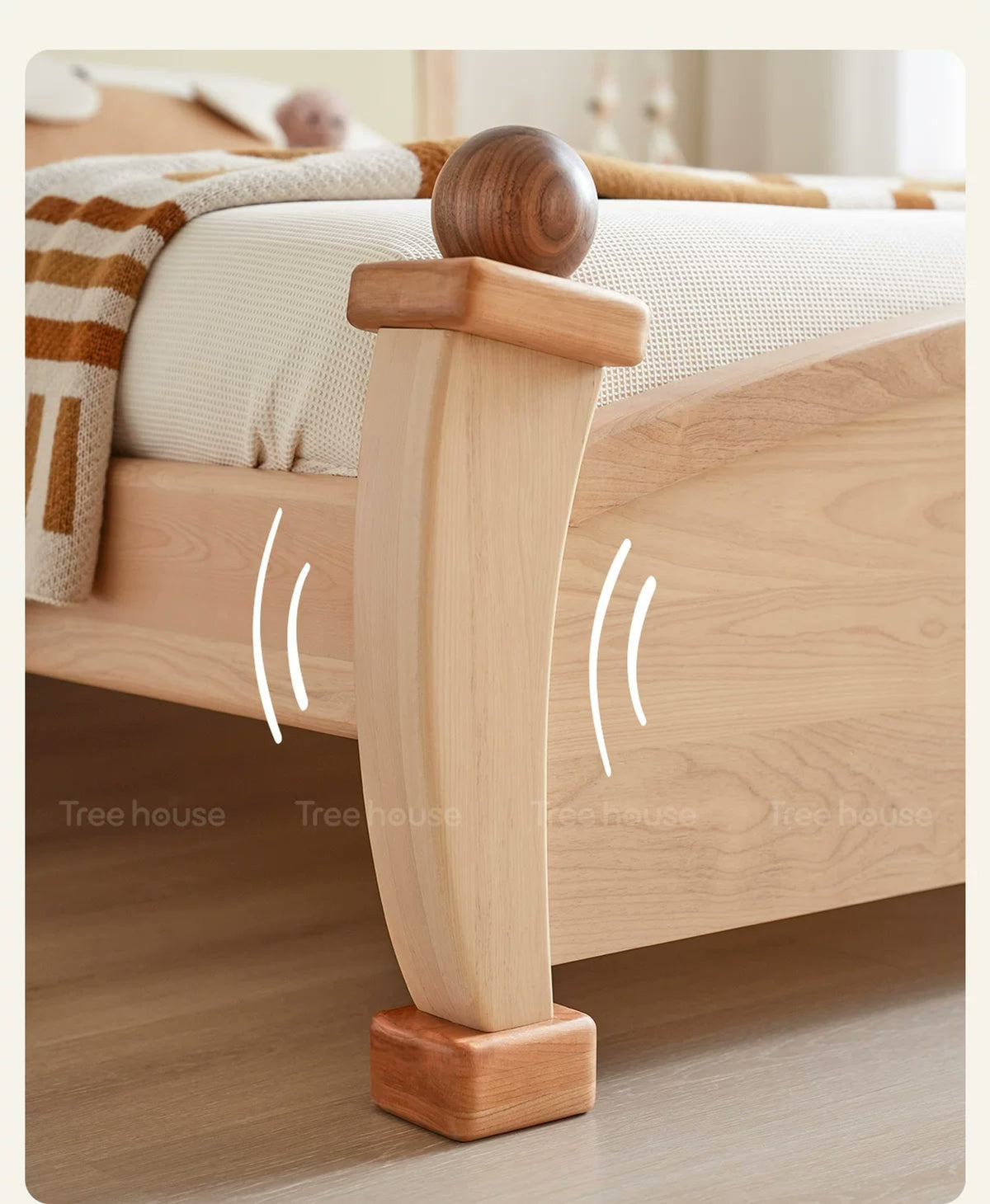  Curved light wood footboard and corner post.