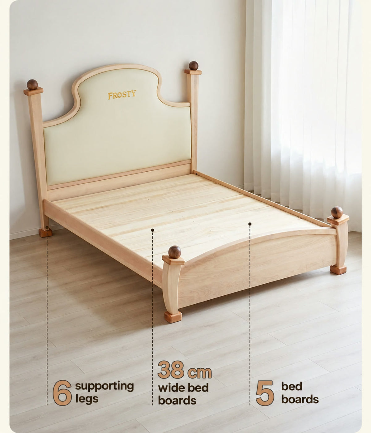  Light wood bed base with six supports and five 38 cm-wide boards.