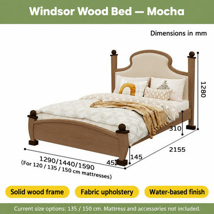  Mocha oak Windsor bed with fabric headboard and supplier dimensions.