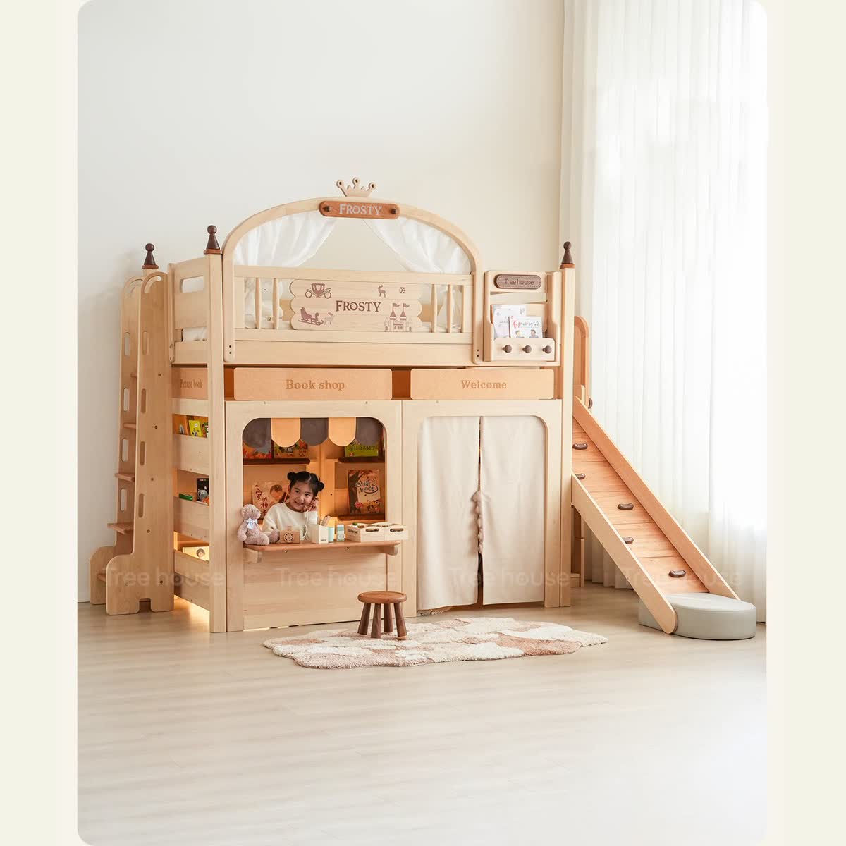 Crown loft bed styled with a market module and optional slide.