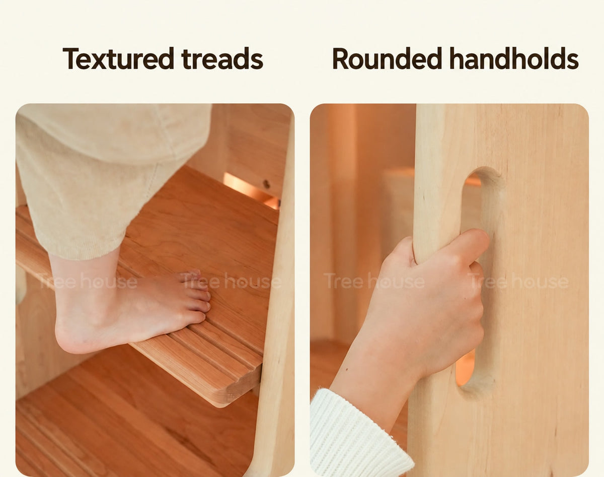  Textured ladder tread and rounded handhold shown close up.