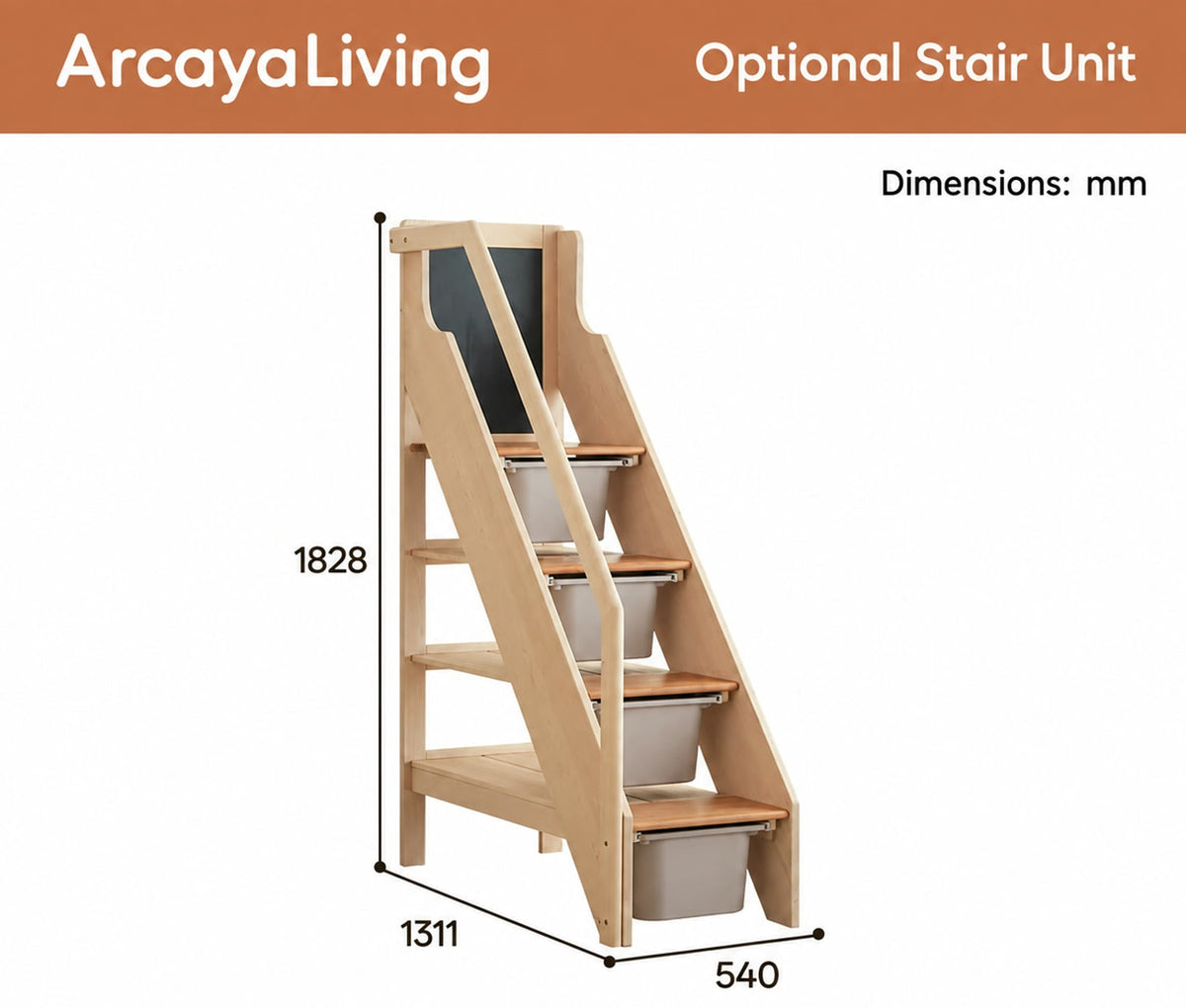  Optional stair unit with storage bins and dimensions of 1311 by 540 by 1828 mm.