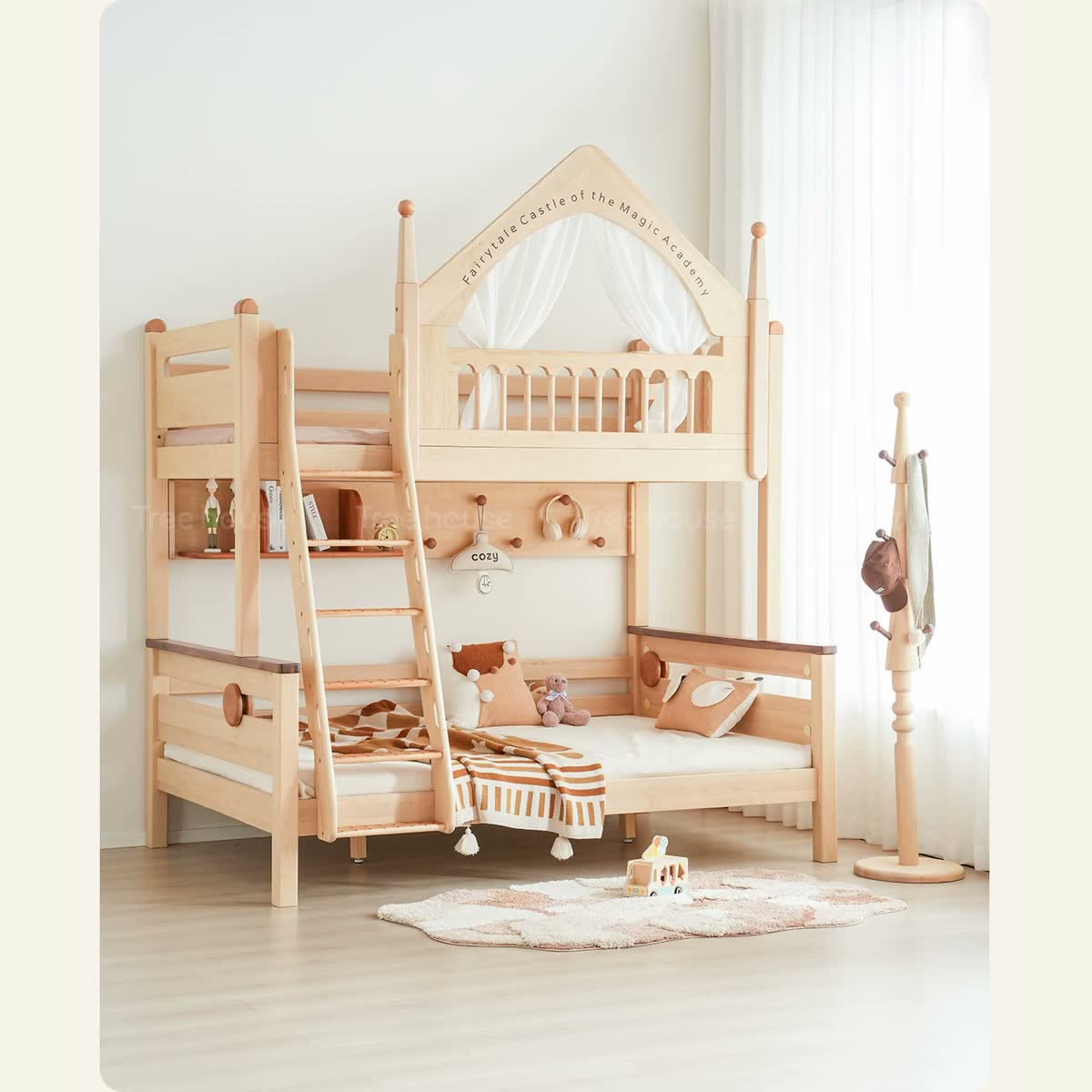 Magic Castle bunk bed with optional shelf and peg panel, styled with bedding.