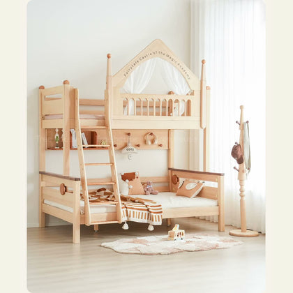  Magic Castle bunk bed with optional shelf and peg panel, styled with bedding.