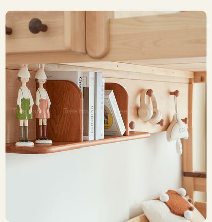  Wood bookshelf between the upper and lower sleeping levels.