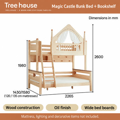  Magic Castle bed with bookshelf and peg panel dimension diagram.