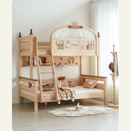  Crown-topped wood bunk bed styled with the optional bookshelf and peg panel.