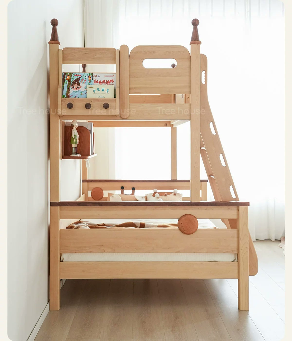  End-mounted book holder and side profile of the bunk bed.