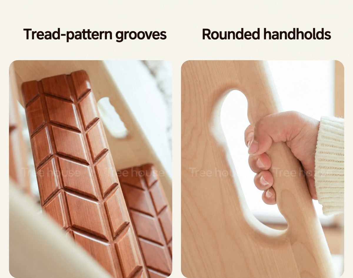  Close views of patterned wood ladder treads and rounded handholds.