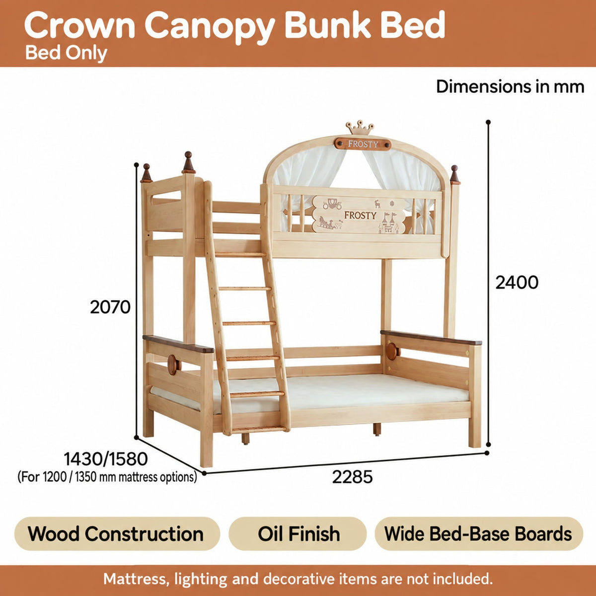  Crown Canopy bed-only dimension diagram, 2285 mm long and 2400 mm high.