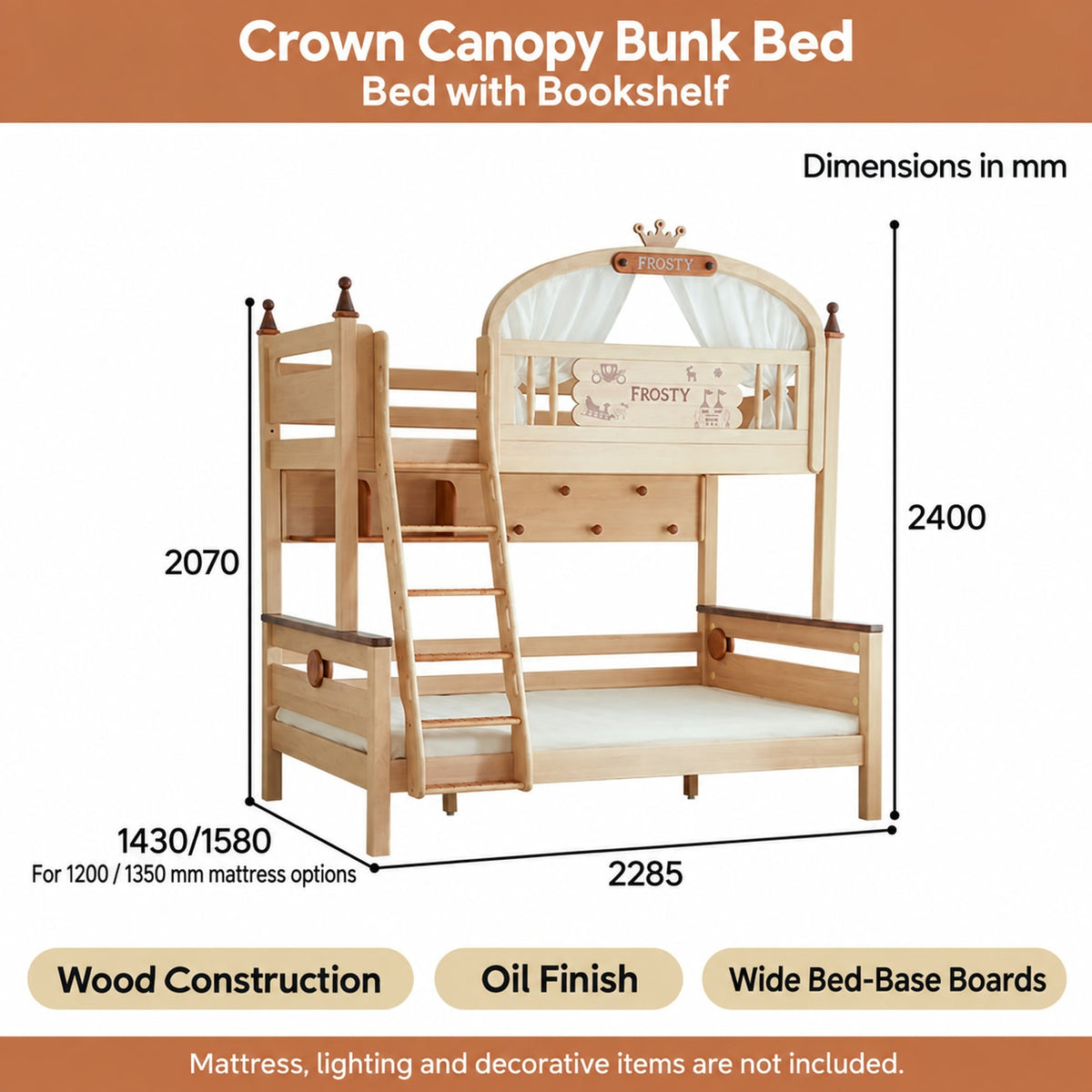  Crown Canopy bed with bookshelf dimension diagram, showing two outer widths.