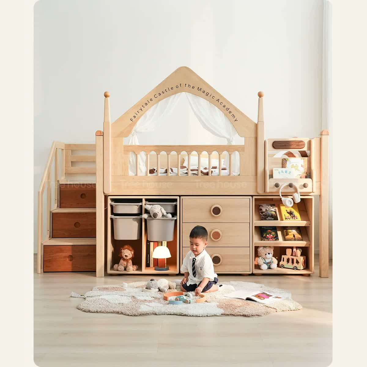 Magic Castle mid-sleeper styled with optional storage units and steps.
