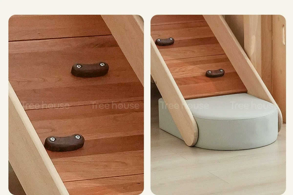  Climbing holds and padded end of the optional slide.