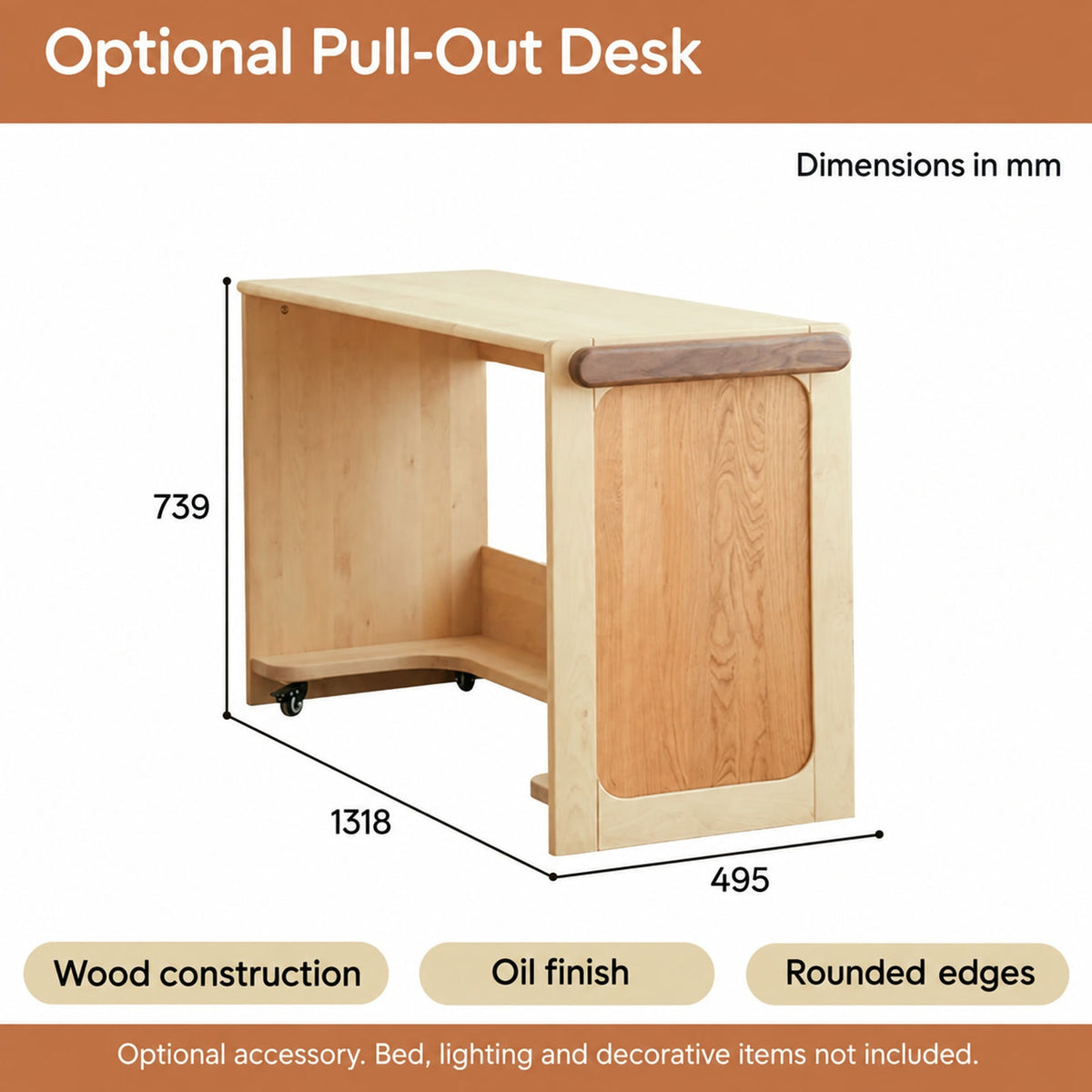  Supplier dimension diagram of the optional pull-out desk.