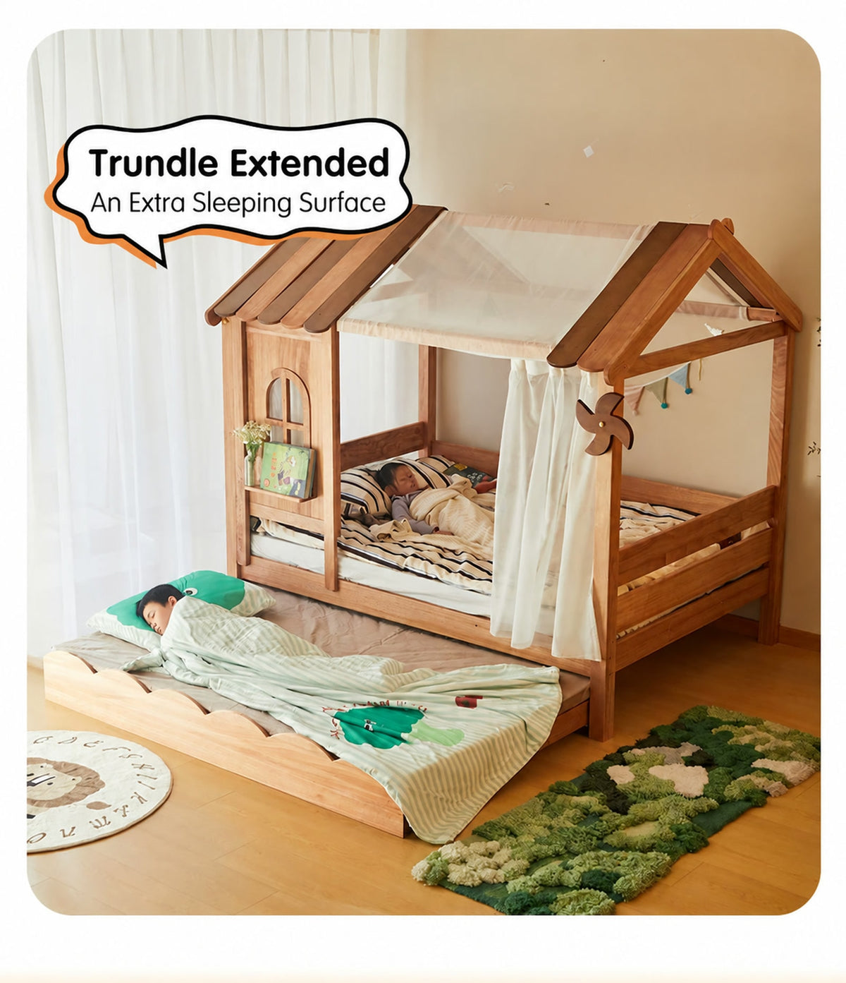  Pull-out trundle extended below the house bed.