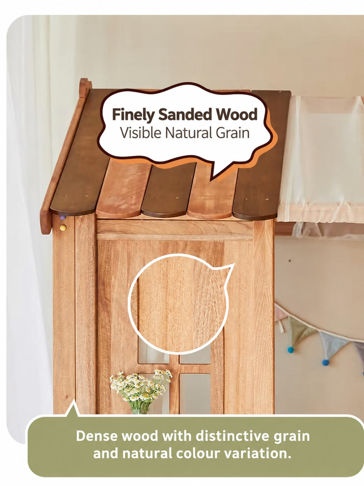  Natural wood grain and sanded roof boards.