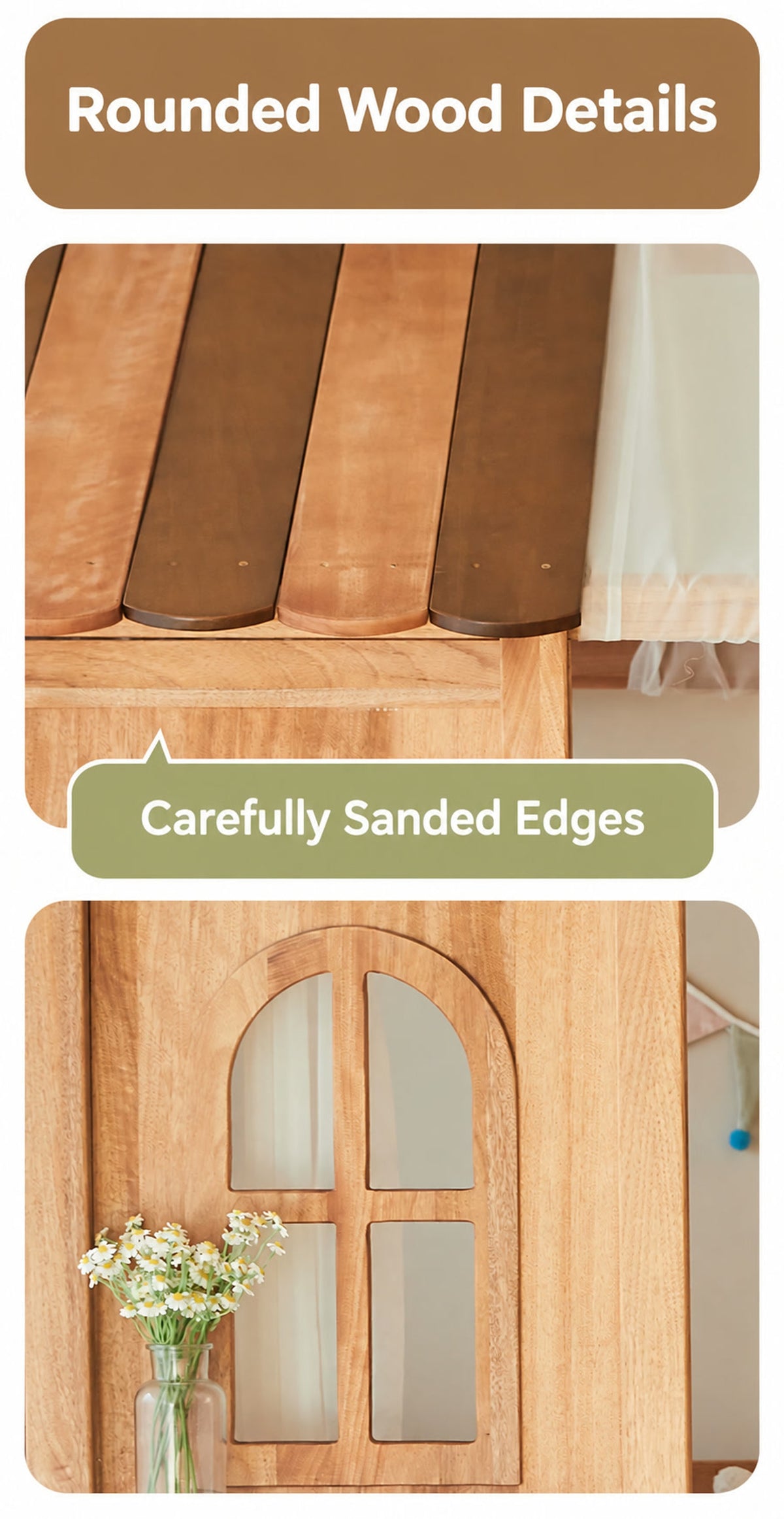  Rounded roof boards and arched wood window.