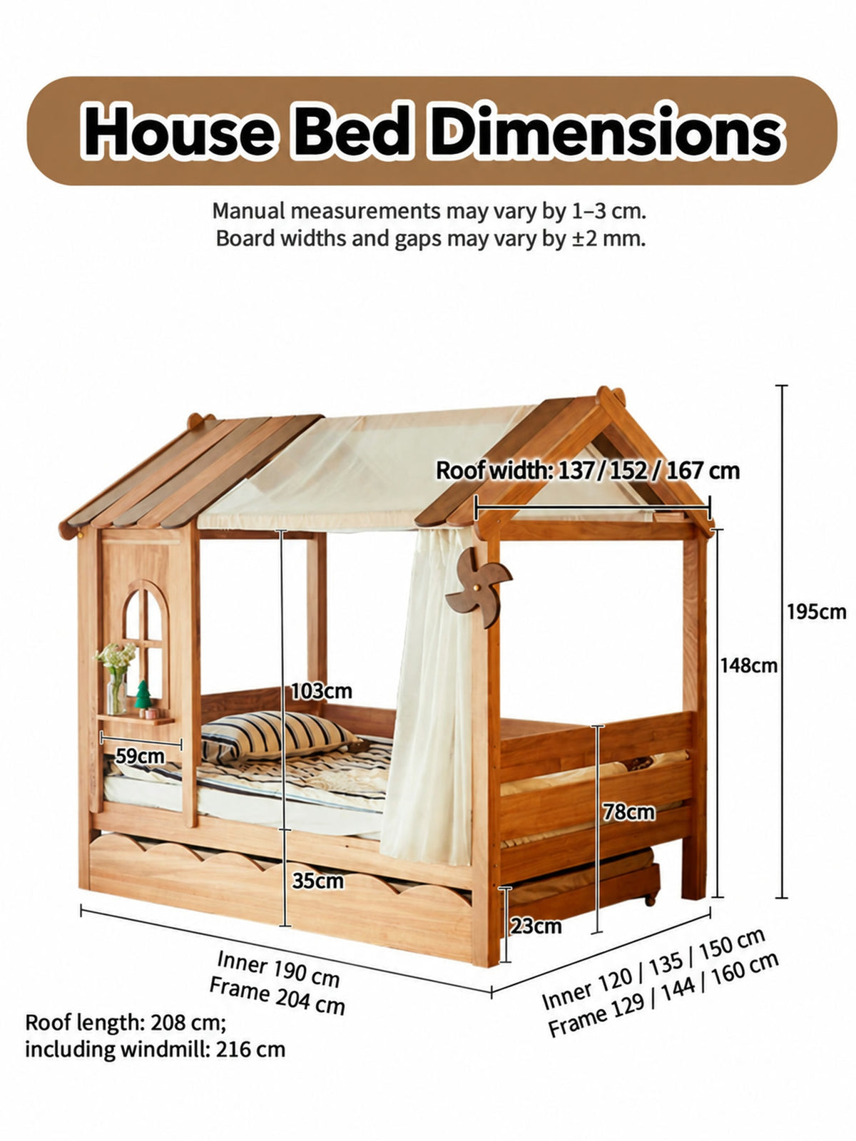  House bed dimensions for the three mattress-width options.