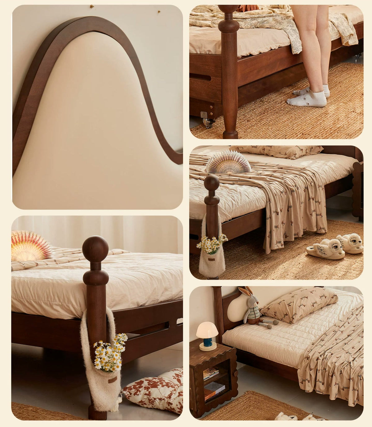  Close-up views of the wood bed frame