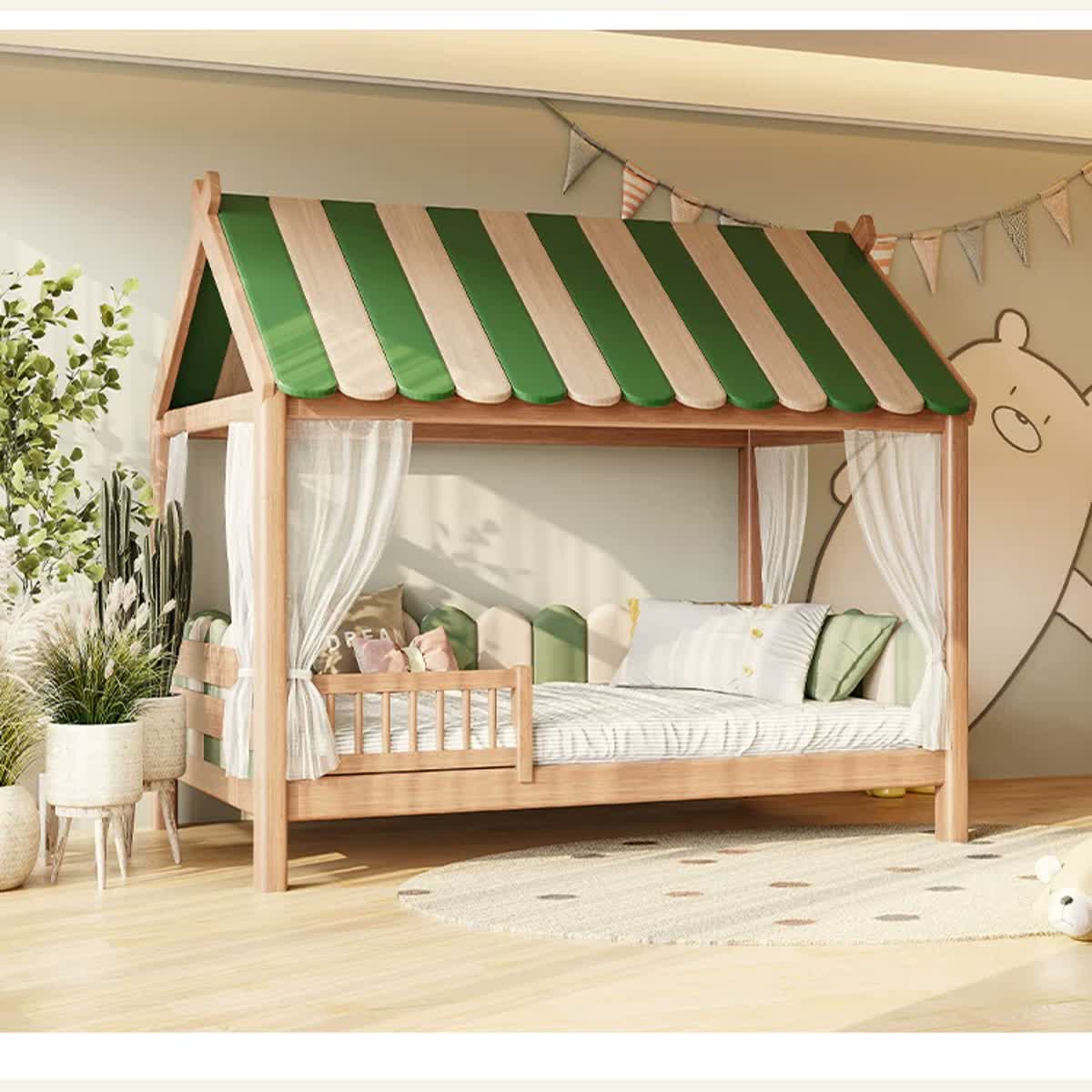 Green striped roof wood cottage bed