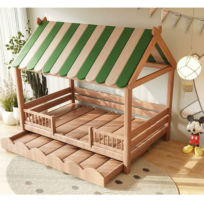  Wood cottage bed with trundle extended
