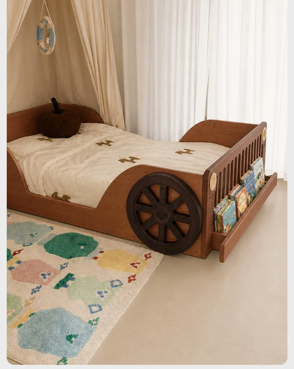  Low-position car bed styled in a bedroom.