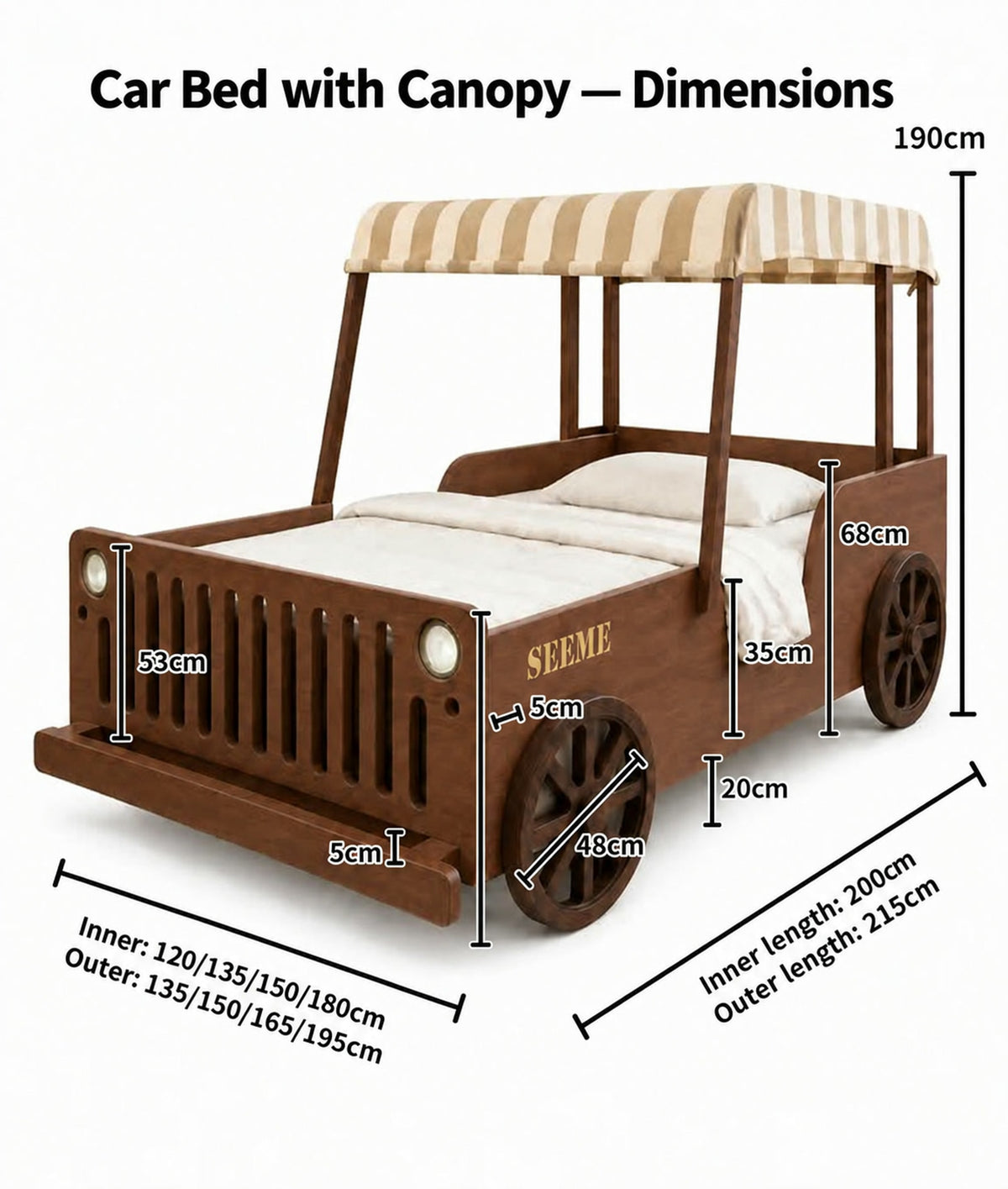  Canopy car bed size diagram with four mattress widths and 190 cm overall height.