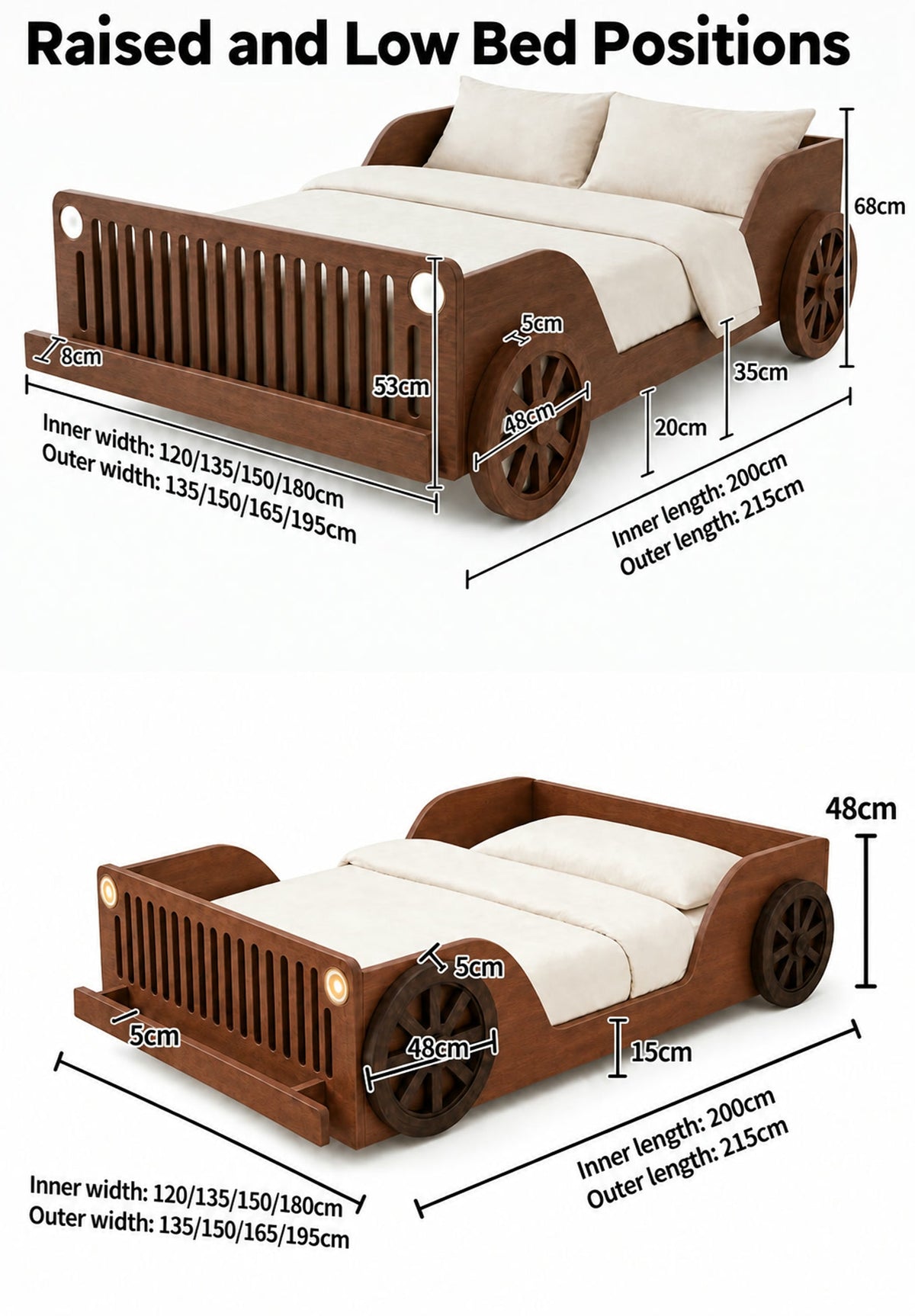  Raised and low car bed configurations with mattress and outer dimensions.
