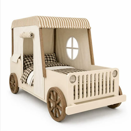  Cream car-shaped bed with striped fabric tent and wood wheels.