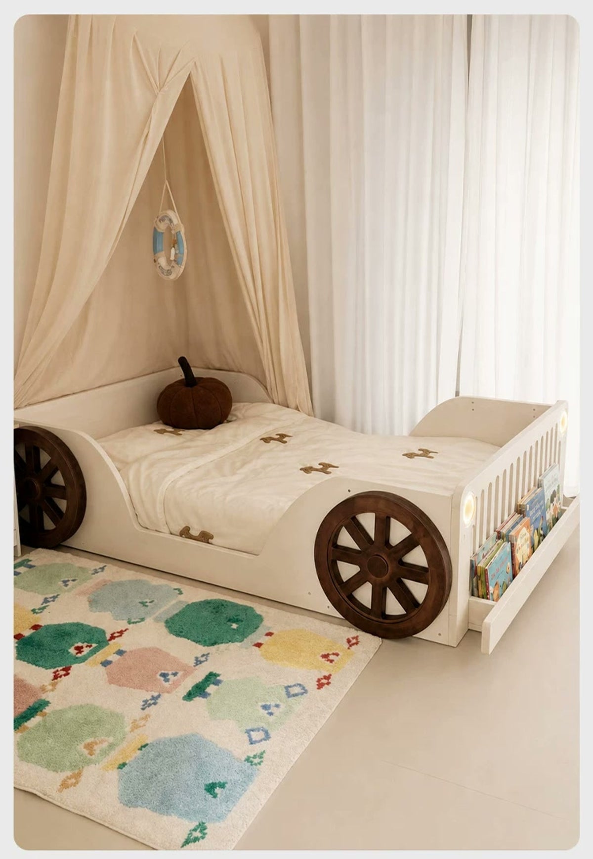 Cream low-position bed with book ledge in a styled bedroom.