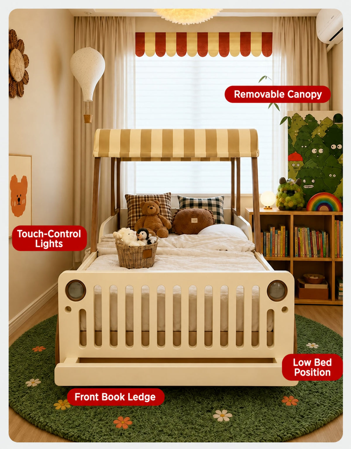  Canopy, front book ledge and headlights on the cream car bed.