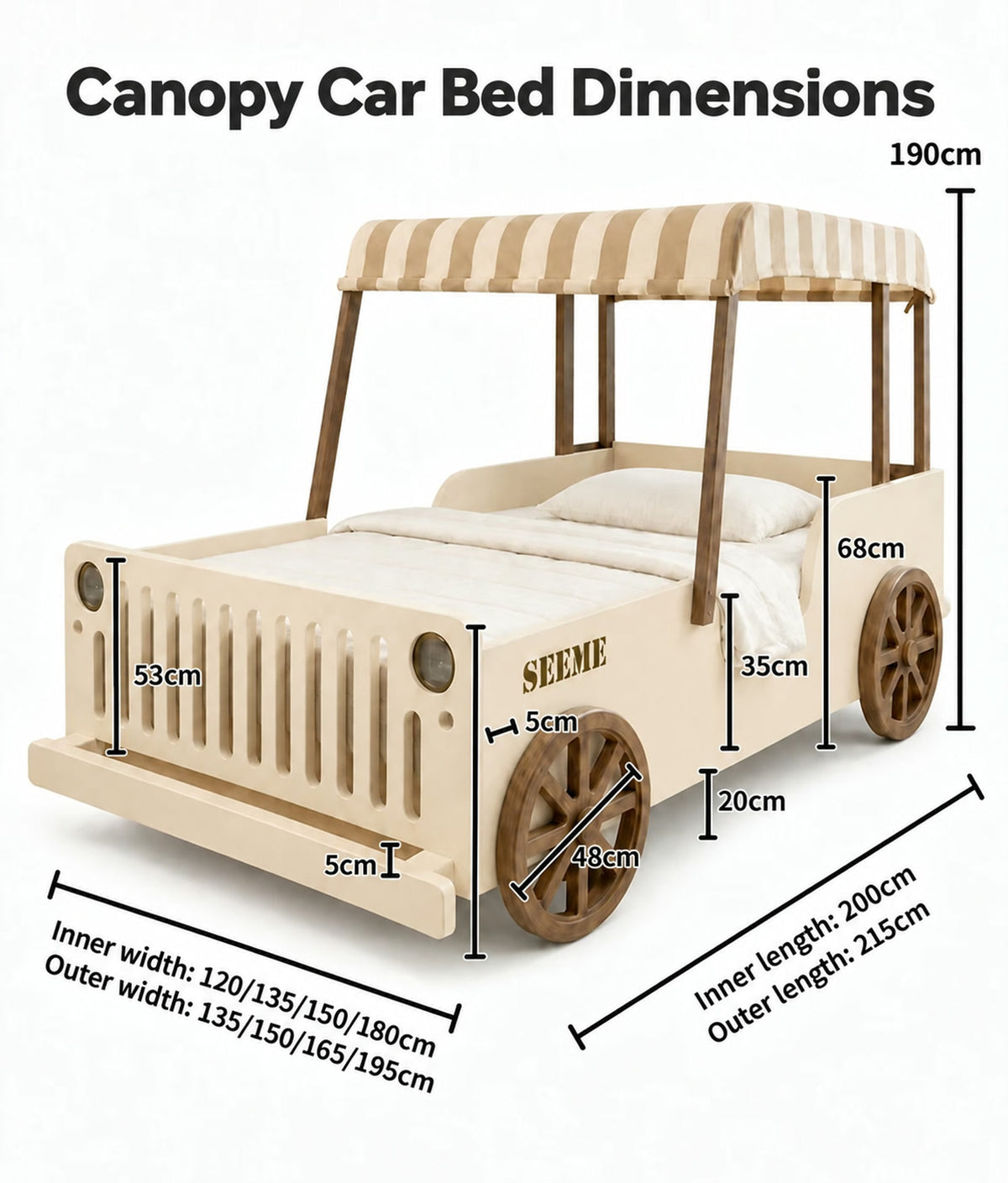  Canopy car bed with 190 cm overall height and four mattress widths.
